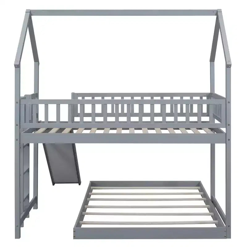 Twin over Full Bunk House Bed with Built-in Ladder and Slide, Wooden Bunk Bed Frame with Full-Length Guardrail for Girls Boys Bedroom
