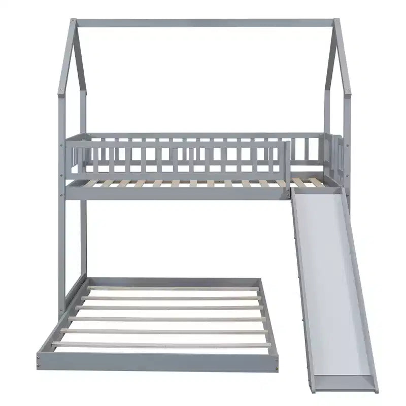 Twin over Full Bunk House Bed with Built-in Ladder and Slide, Wooden Bunk Bed Frame with Full-Length Guardrail for Girls Boys Bedroom