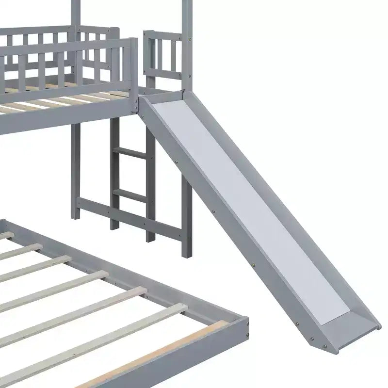 Twin over Full Bunk House Bed with Built-in Ladder and Slide, Wooden Bunk Bed Frame with Full-Length Guardrail for Girls Boys Bedroom