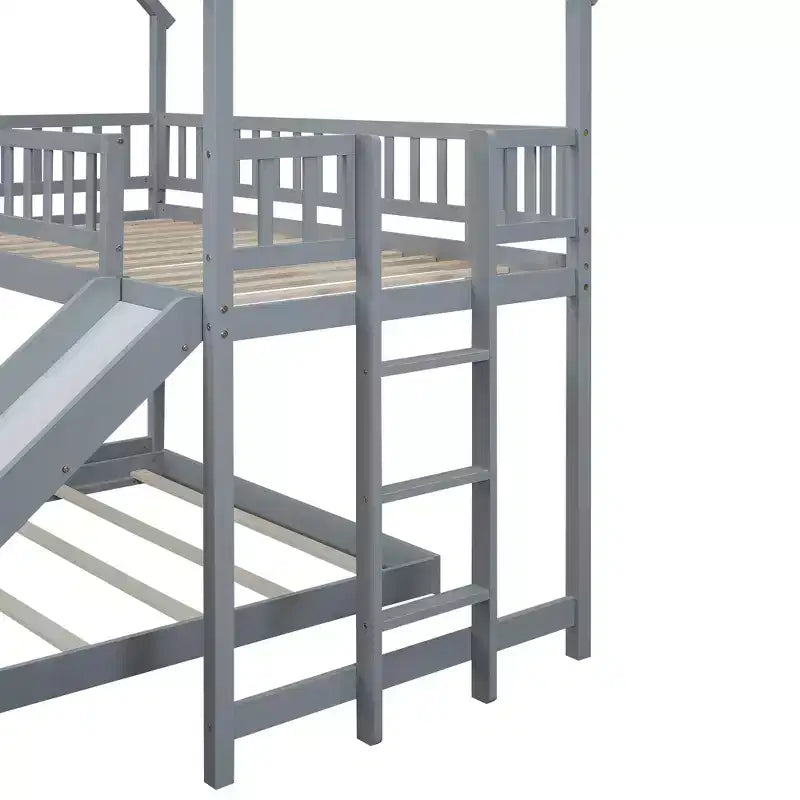 Twin over Full Bunk House Bed with Built-in Ladder and Slide, Wooden Bunk Bed Frame with Full-Length Guardrail for Girls Boys Bedroom