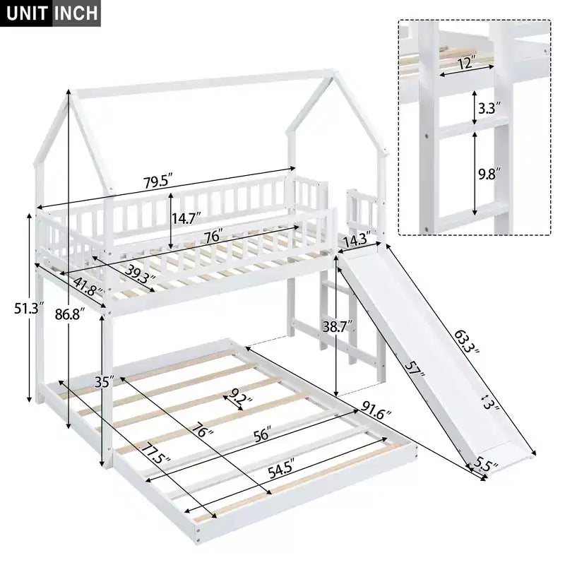 Twin over Full Bunk House Bed with Built-in Ladder and Slide, Wooden Bunk Bed Frame with Full-Length Guardrail for Girls Boys Bedroom