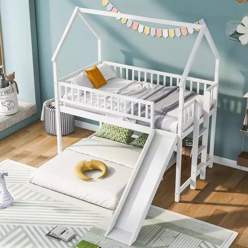 Twin over Full Bunk House Bed with Built-in Ladder and Slide, Wooden Bunk Bed Frame with Full-Length Guardrail for Girls Boys Bedroom