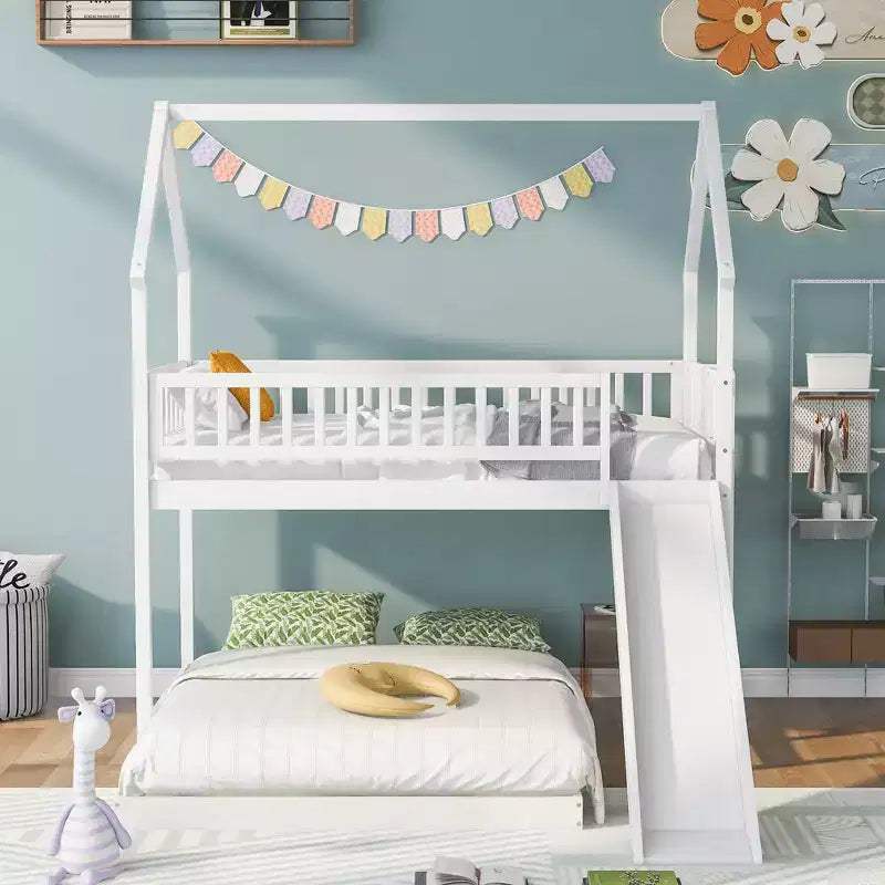 Twin over Full Bunk House Bed with Built-in Ladder and Slide, Wooden Bunk Bed Frame with Full-Length Guardrail for Girls Boys Bedroom