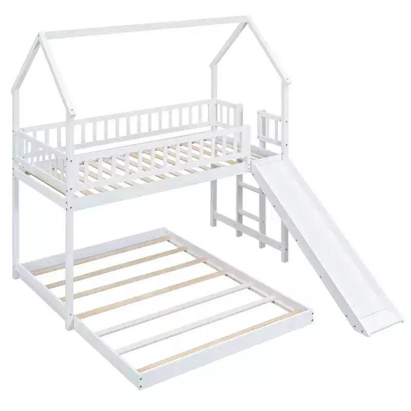 Twin over Full Bunk House Bed with Built-in Ladder and Slide, Wooden Bunk Bed Frame with Full-Length Guardrail for Girls Boys Bedroom