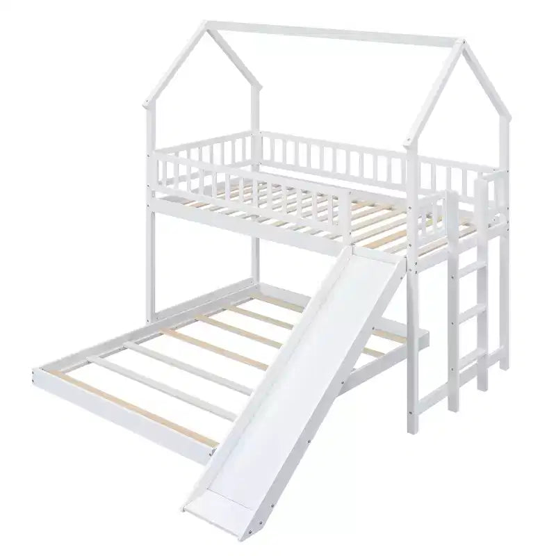 Twin over Full Bunk House Bed with Built-in Ladder and Slide, Wooden Bunk Bed Frame with Full-Length Guardrail for Girls Boys Bedroom