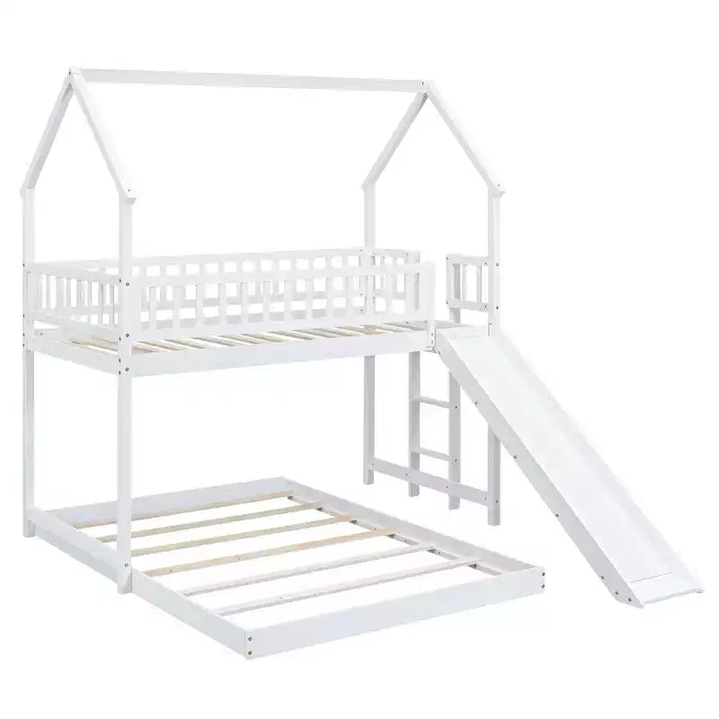 Twin over Full Bunk House Bed with Built-in Ladder and Slide, Wooden Bunk Bed Frame with Full-Length Guardrail for Girls Boys Bedroom