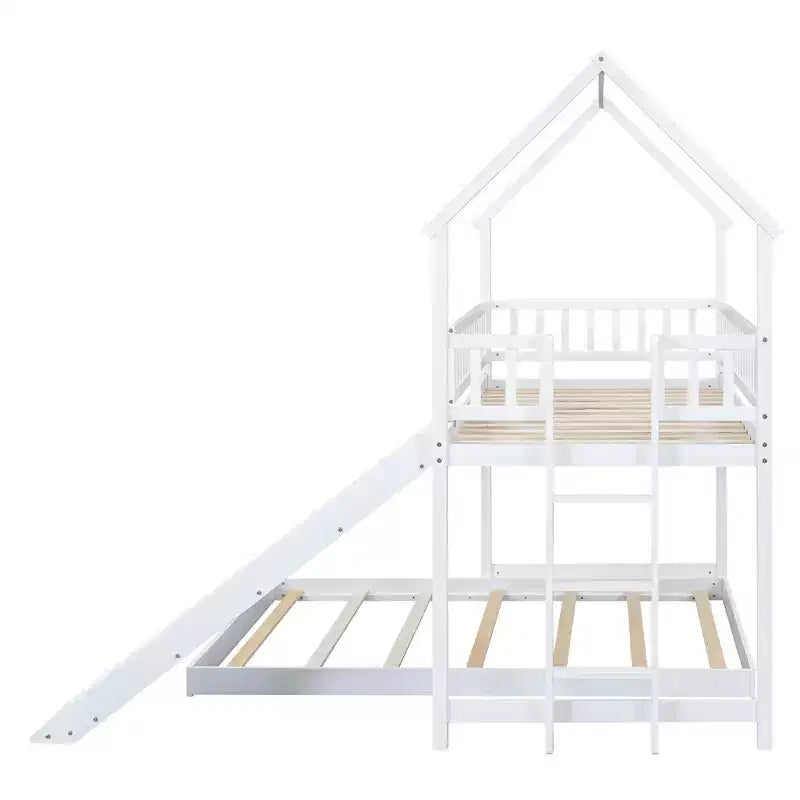 Twin over Full Bunk House Bed with Built-in Ladder and Slide, Wooden Bunk Bed Frame with Full-Length Guardrail for Girls Boys Bedroom