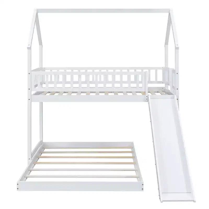 Twin over Full Bunk House Bed with Built-in Ladder and Slide, Wooden Bunk Bed Frame with Full-Length Guardrail for Girls Boys Bedroom