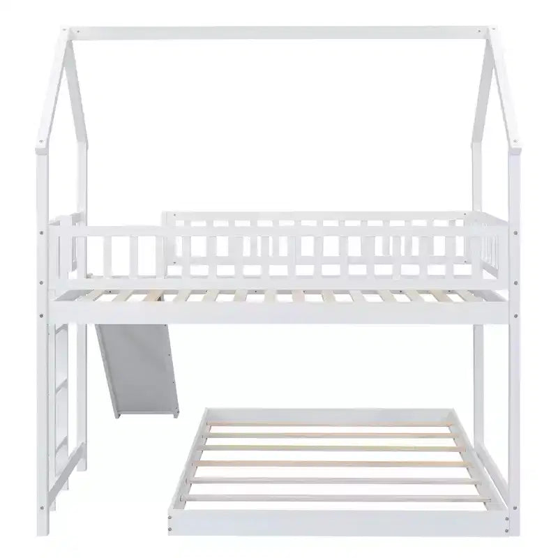Twin over Full Bunk House Bed with Built-in Ladder and Slide, Wooden Bunk Bed Frame with Full-Length Guardrail for Girls Boys Bedroom
