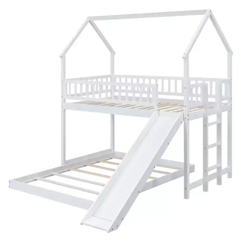 Twin over Full Bunk House Bed with Built-in Ladder and Slide, Wooden Bunk Bed Frame with Full-Length Guardrail for Girls Boys Bedroom