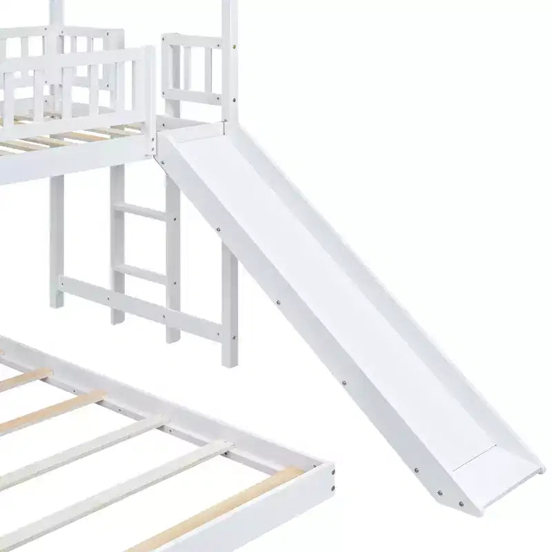 Twin over Full Bunk House Bed with Built-in Ladder and Slide, Wooden Bunk Bed Frame with Full-Length Guardrail for Girls Boys Bedroom