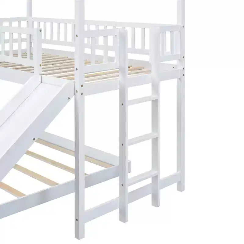 Twin over Full Bunk House Bed with Built-in Ladder and Slide, Wooden Bunk Bed Frame with Full-Length Guardrail for Girls Boys Bedroom