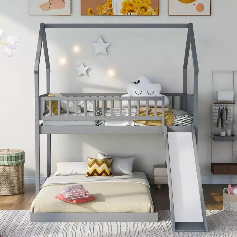 Twin over Full Bunk House Bed with Built-in Ladder and Slide, Wooden Bunk Bed Frame with Full-Length Guardrail for Girls Boys Bedroom