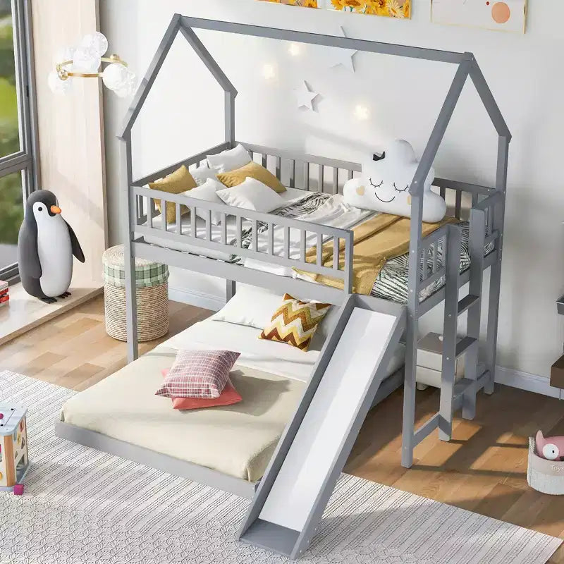 Twin over Full Bunk House Bed with Built-in Ladder and Slide, Wooden Bunk Bed Frame with Full-Length Guardrail for Girls Boys Bedroom