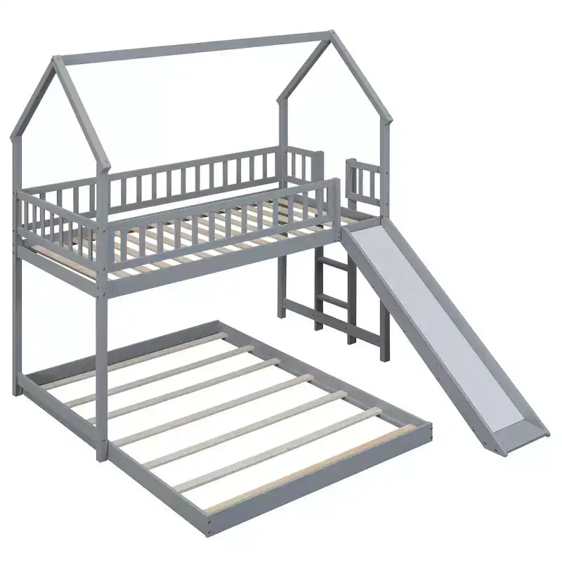 Twin over Full Bunk House Bed with Built-in Ladder and Slide, Wooden Bunk Bed Frame with Full-Length Guardrail for Girls Boys Bedroom