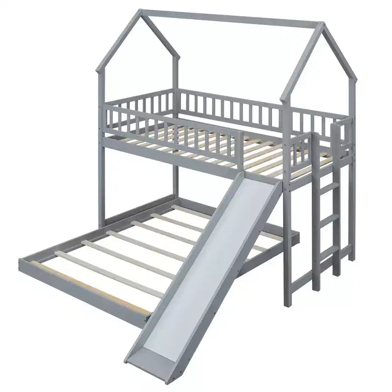 Twin over Full Bunk House Bed with Built-in Ladder and Slide, Wooden Bunk Bed Frame with Full-Length Guardrail for Girls Boys Bedroom