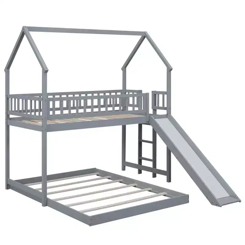 Twin over Full Bunk House Bed with Built-in Ladder and Slide, Wooden Bunk Bed Frame with Full-Length Guardrail for Girls Boys Bedroom