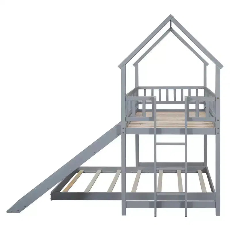 Twin over Full Bunk House Bed with Built-in Ladder and Slide, Wooden Bunk Bed Frame with Full-Length Guardrail for Girls Boys Bedroom