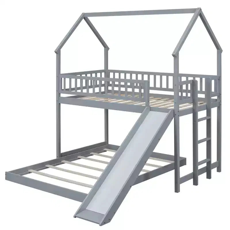 Twin over Full Bunk House Bed with Built-in Ladder and Slide, Wooden Bunk Bed Frame with Full-Length Guardrail for Girls Boys Bedroom