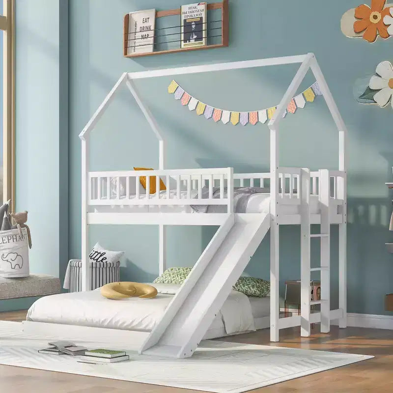 Twin over Full Bunk House Bed with Built-in Ladder and Slide, Wooden Bunk Bed Frame with Full-Length Guardrail for Girls Boys Bedroom