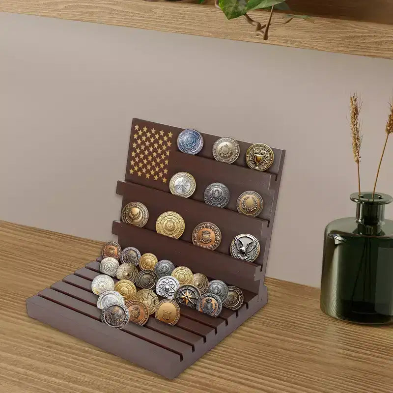 Coin Display Holder - Red Brown Wood, 11-Row, Holds 80 Coins