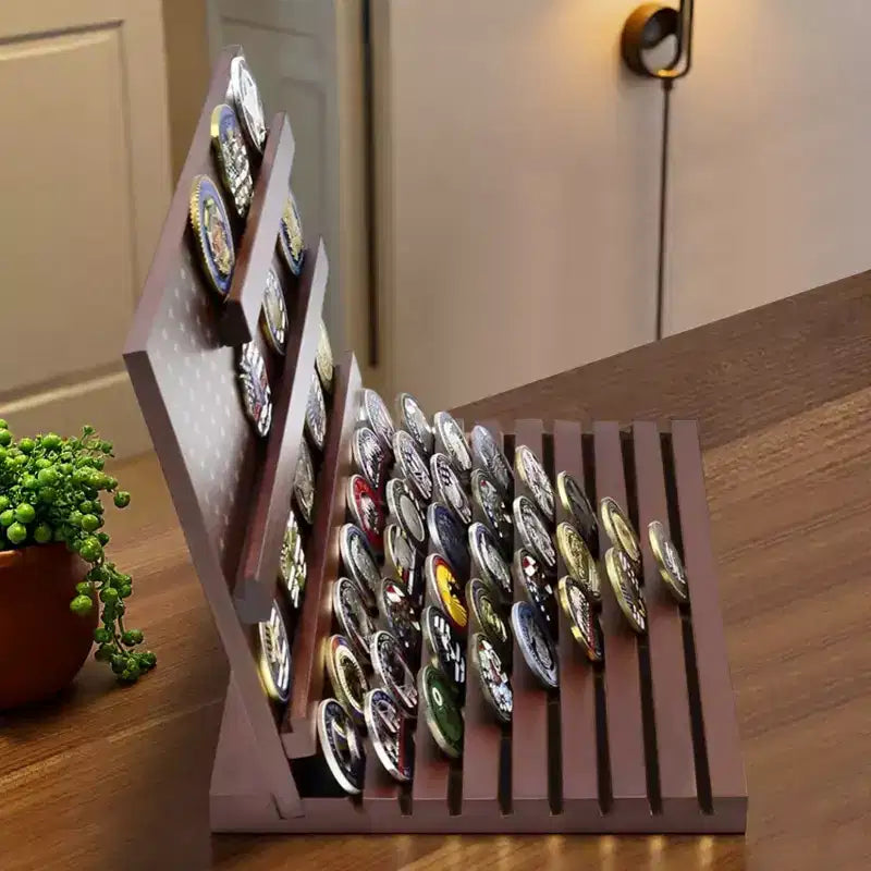 Coin Display Holder - Red Brown Wood, 11-Row, Holds 80 Coins