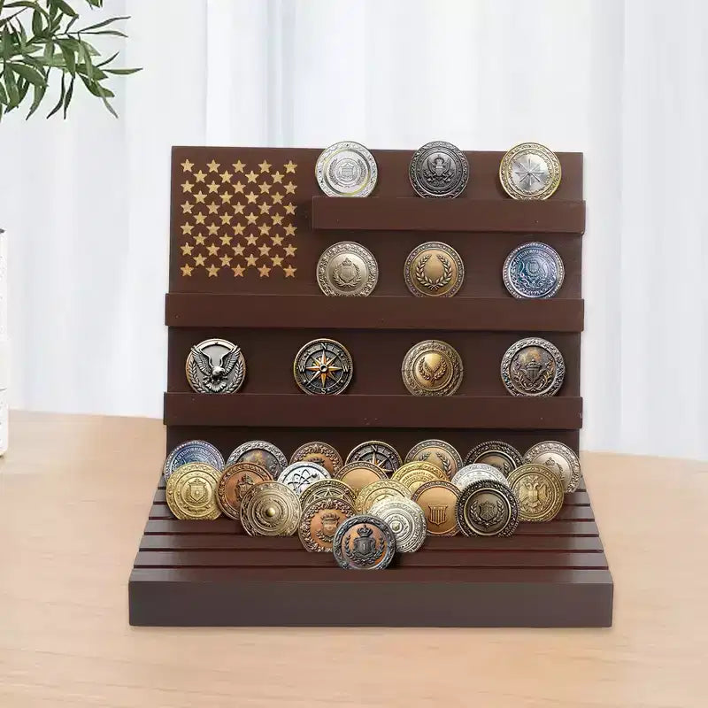 Coin Display Holder - Red Brown Wood, 11-Row, Holds 80 Coins