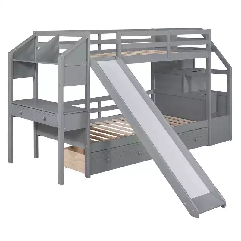 Twin over Twin Bunk Bed with Slide and Desk for Kids, Wood Twin Bunk Bed Frame with Storage Staircase and Drawers & Shelves