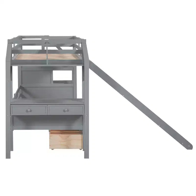 Twin over Twin Bunk Bed with Slide and Desk for Kids, Wood Twin Bunk Bed Frame with Storage Staircase and Drawers & Shelves
