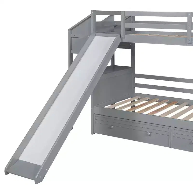 Twin over Twin Bunk Bed with Slide and Desk for Kids, Wood Twin Bunk Bed Frame with Storage Staircase and Drawers & Shelves