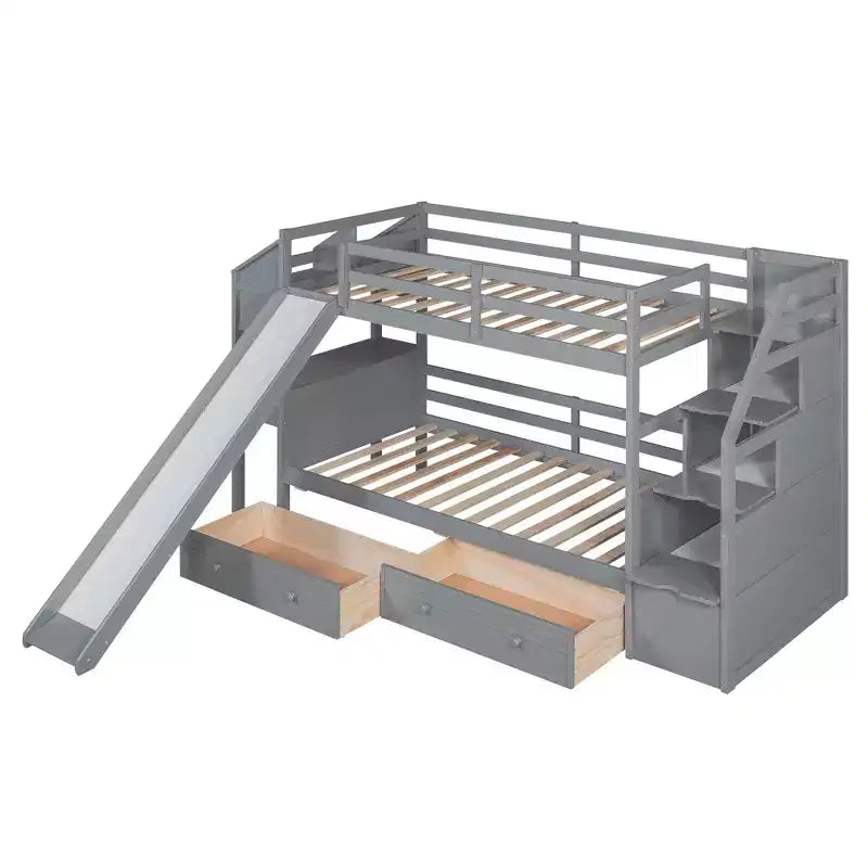 Twin over Twin Bunk Bed with Slide and Desk for Kids, Wood Twin Bunk Bed Frame with Storage Staircase and Drawers & Shelves