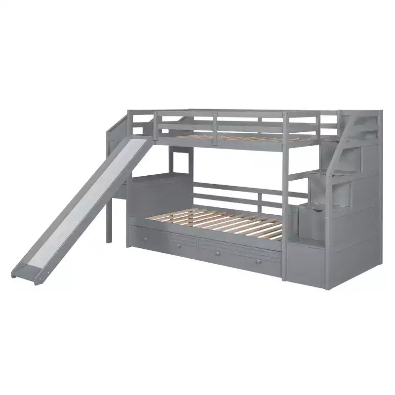 Twin over Twin Bunk Bed with Slide and Desk for Kids, Wood Twin Bunk Bed Frame with Storage Staircase and Drawers & Shelves
