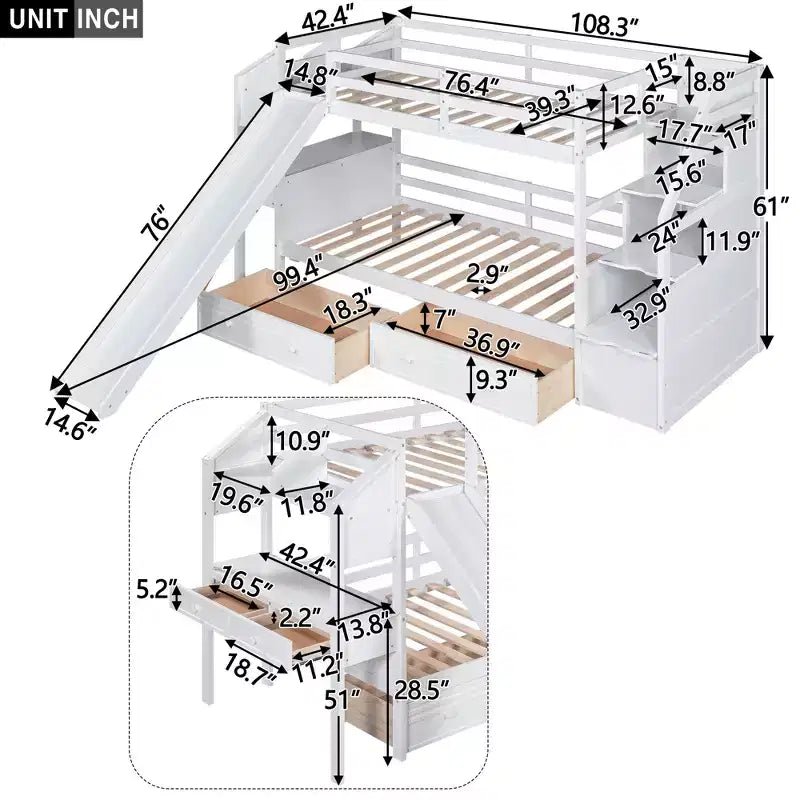Twin over Twin Bunk Bed with Slide and Desk for Kids, Wood Twin Bunk Bed Frame with Storage Staircase and Drawers & Shelves