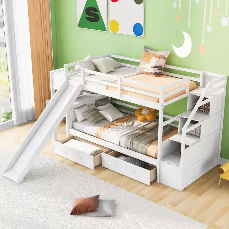 Twin over Twin Bunk Bed with Slide and Desk for Kids, Wood Twin Bunk Bed Frame with Storage Staircase and Drawers & Shelves