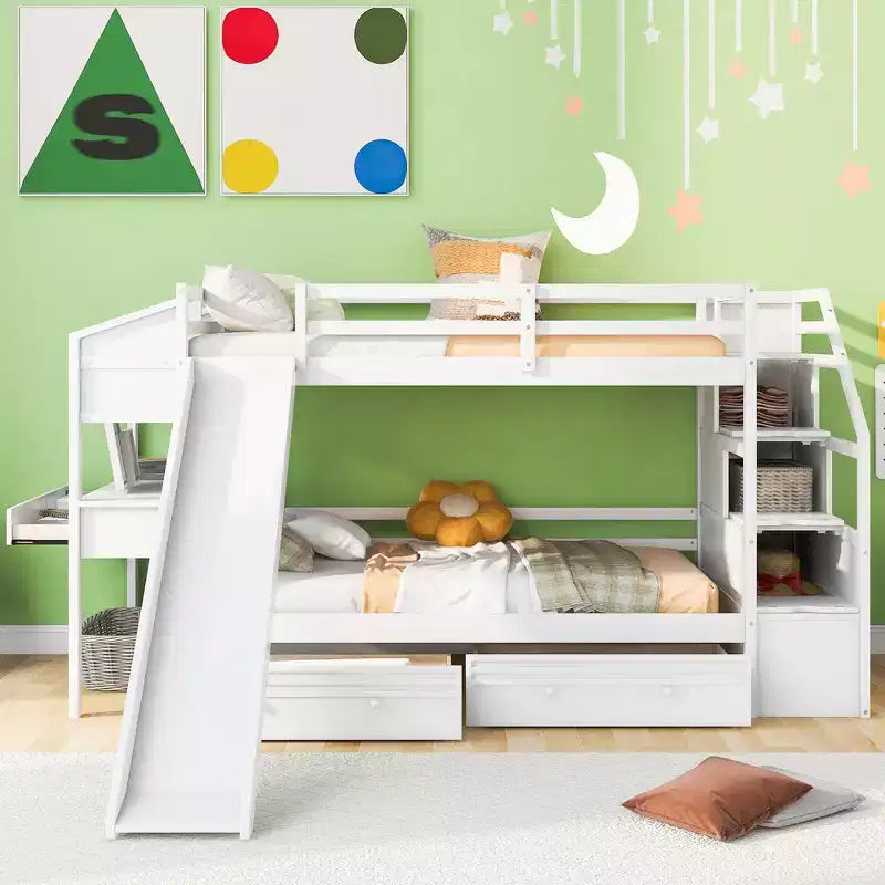 Twin over Twin Bunk Bed with Slide and Desk for Kids, Wood Twin Bunk Bed Frame with Storage Staircase and Drawers & Shelves