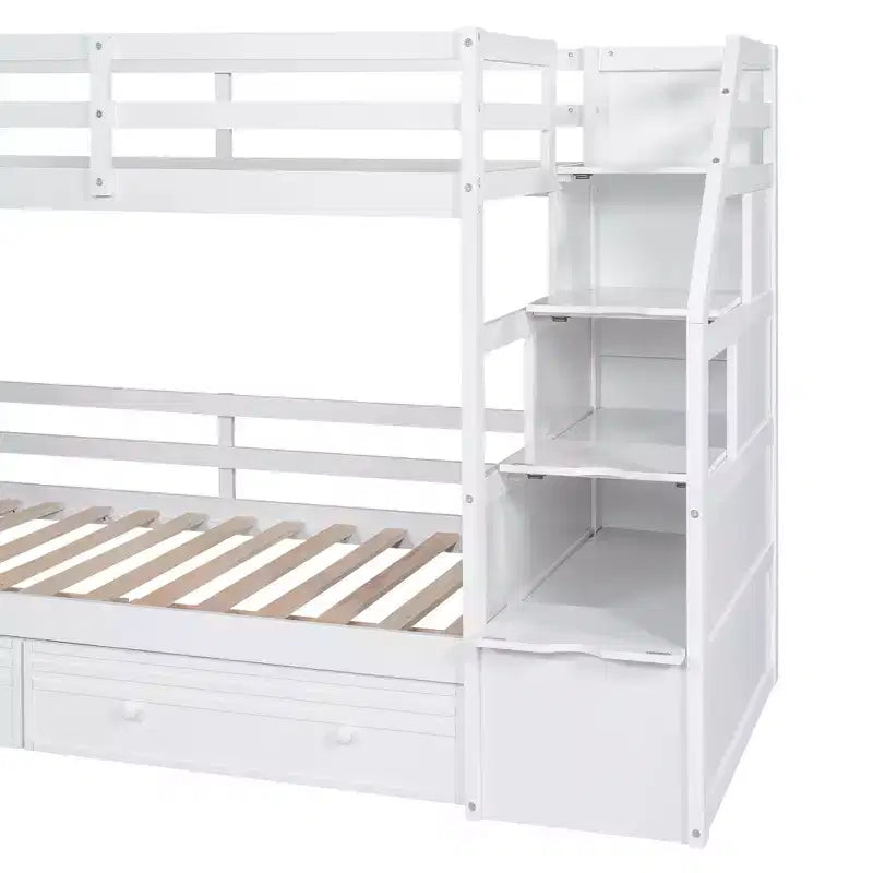 Twin over Twin Bunk Bed with Slide and Desk for Kids, Wood Twin Bunk Bed Frame with Storage Staircase and Drawers & Shelves