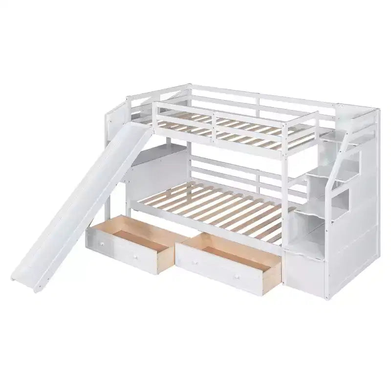 Twin over Twin Bunk Bed with Slide and Desk for Kids, Wood Twin Bunk Bed Frame with Storage Staircase and Drawers & Shelves