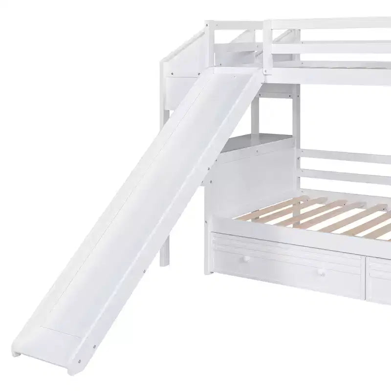 Twin over Twin Bunk Bed with Slide and Desk for Kids, Wood Twin Bunk Bed Frame with Storage Staircase and Drawers & Shelves