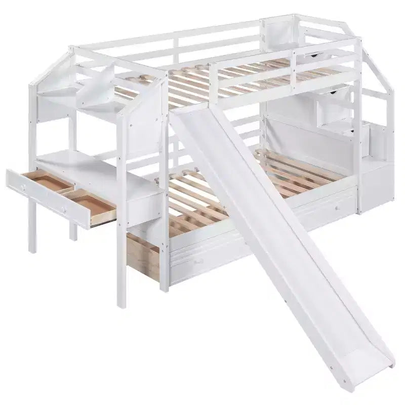 Twin over Twin Bunk Bed with Slide and Desk for Kids, Wood Twin Bunk Bed Frame with Storage Staircase and Drawers & Shelves