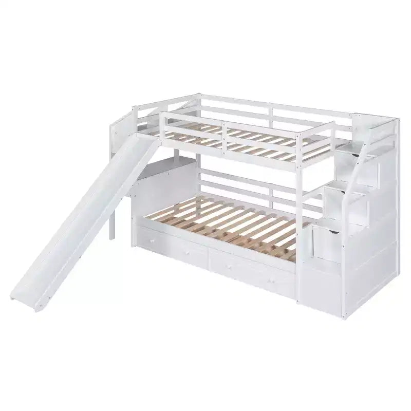 Twin over Twin Bunk Bed with Slide and Desk for Kids, Wood Twin Bunk Bed Frame with Storage Staircase and Drawers & Shelves