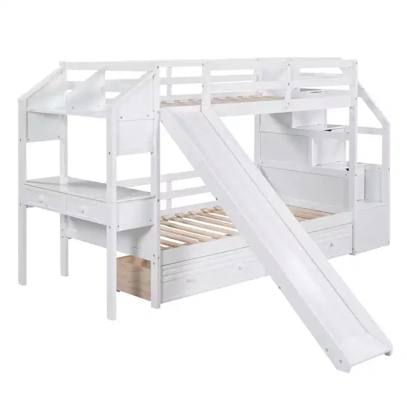 Twin over Twin Bunk Bed with Slide and Desk for Kids, Wood Twin Bunk Bed Frame with Storage Staircase and Drawers & Shelves
