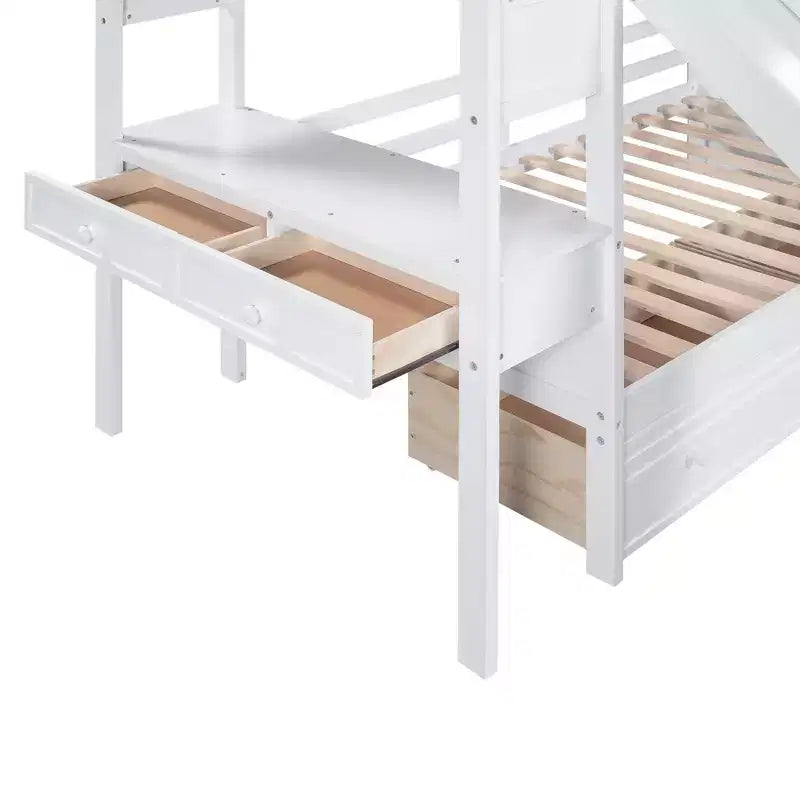 Twin over Twin Bunk Bed with Slide and Desk for Kids, Wood Twin Bunk Bed Frame with Storage Staircase and Drawers & Shelves