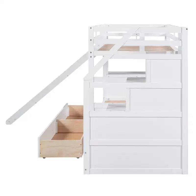Twin over Twin Bunk Bed with Slide and Desk for Kids, Wood Twin Bunk Bed Frame with Storage Staircase and Drawers & Shelves