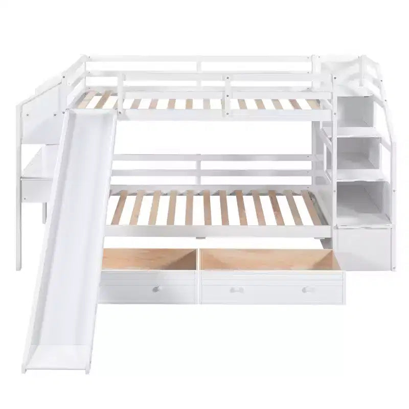 Twin over Twin Bunk Bed with Slide and Desk for Kids, Wood Twin Bunk Bed Frame with Storage Staircase and Drawers & Shelves