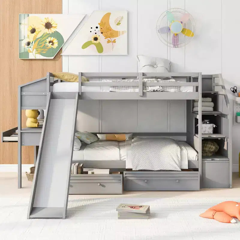 Twin over Twin Bunk Bed with Slide and Desk for Kids, Wood Twin Bunk Bed Frame with Storage Staircase and Drawers & Shelves