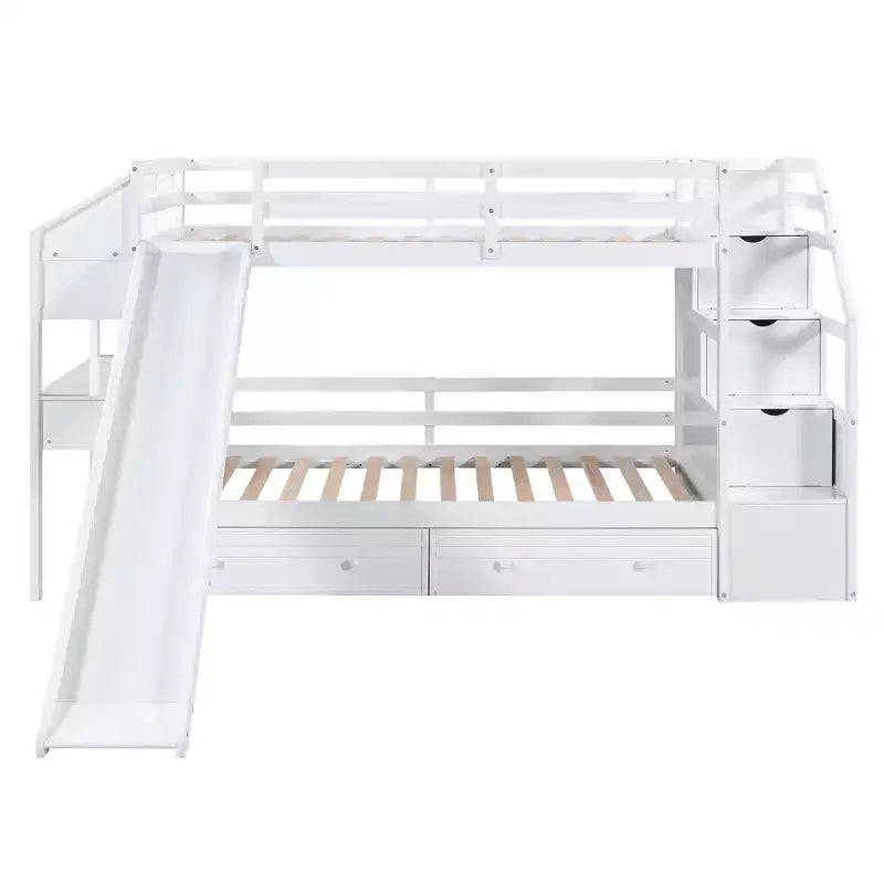 Twin over Twin Bunk Bed with Slide and Desk for Kids, Wood Twin Bunk Bed Frame with Storage Staircase and Drawers & Shelves