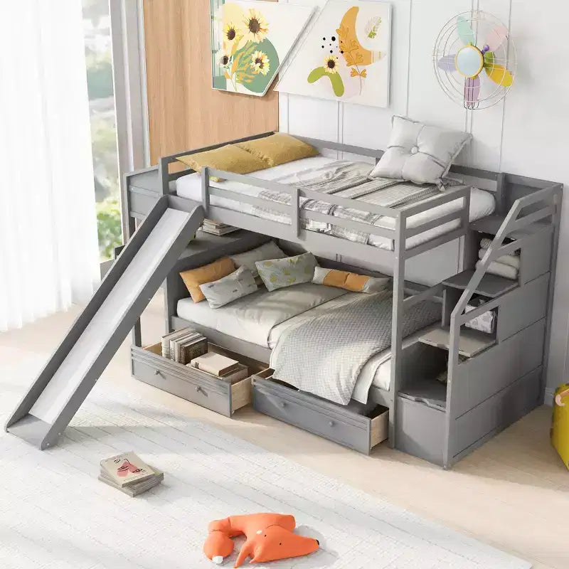 Twin over Twin Bunk Bed with Slide and Desk for Kids, Wood Twin Bunk Bed Frame with Storage Staircase and Drawers & Shelves
