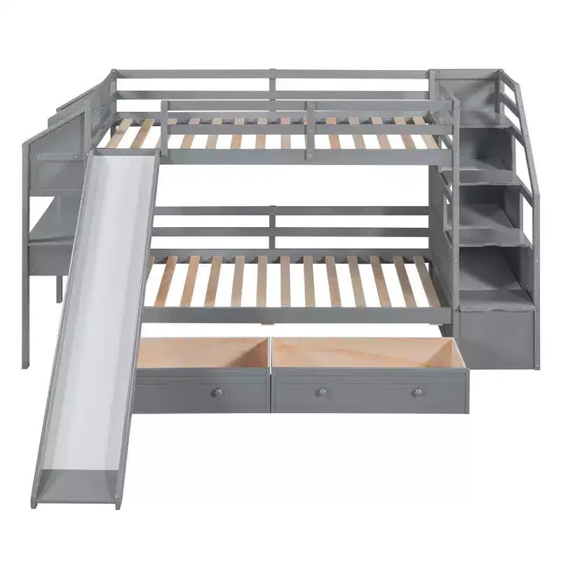 Twin over Twin Bunk Bed with Slide and Desk for Kids, Wood Twin Bunk Bed Frame with Storage Staircase and Drawers & Shelves