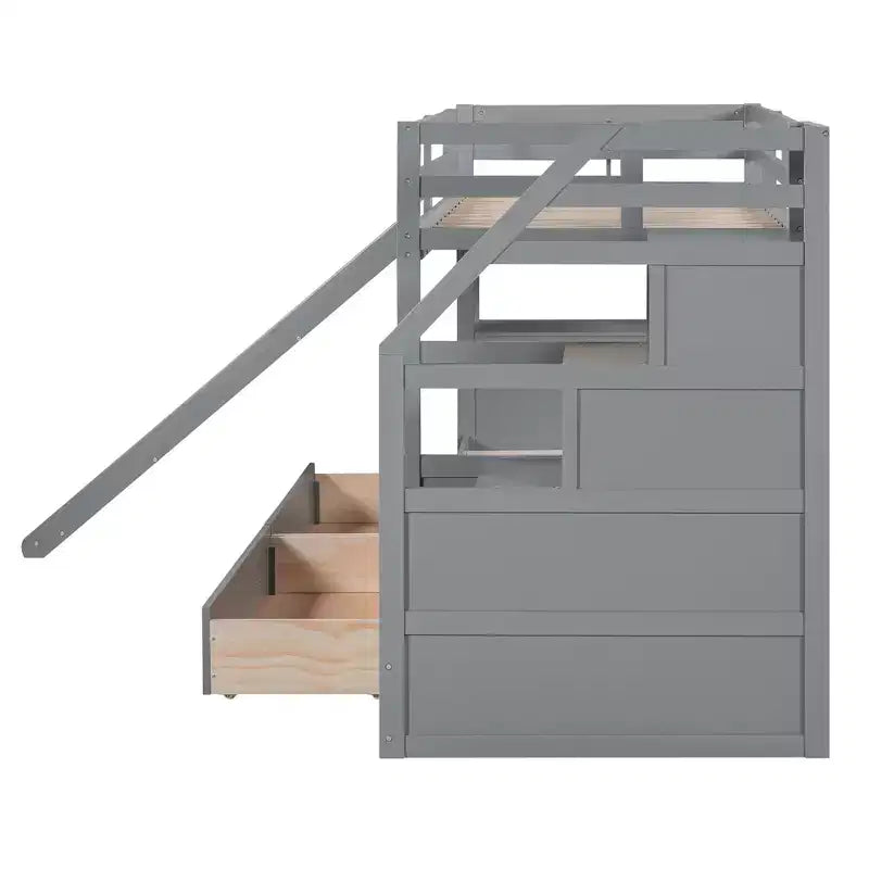 Twin over Twin Bunk Bed with Slide and Desk for Kids, Wood Twin Bunk Bed Frame with Storage Staircase and Drawers & Shelves