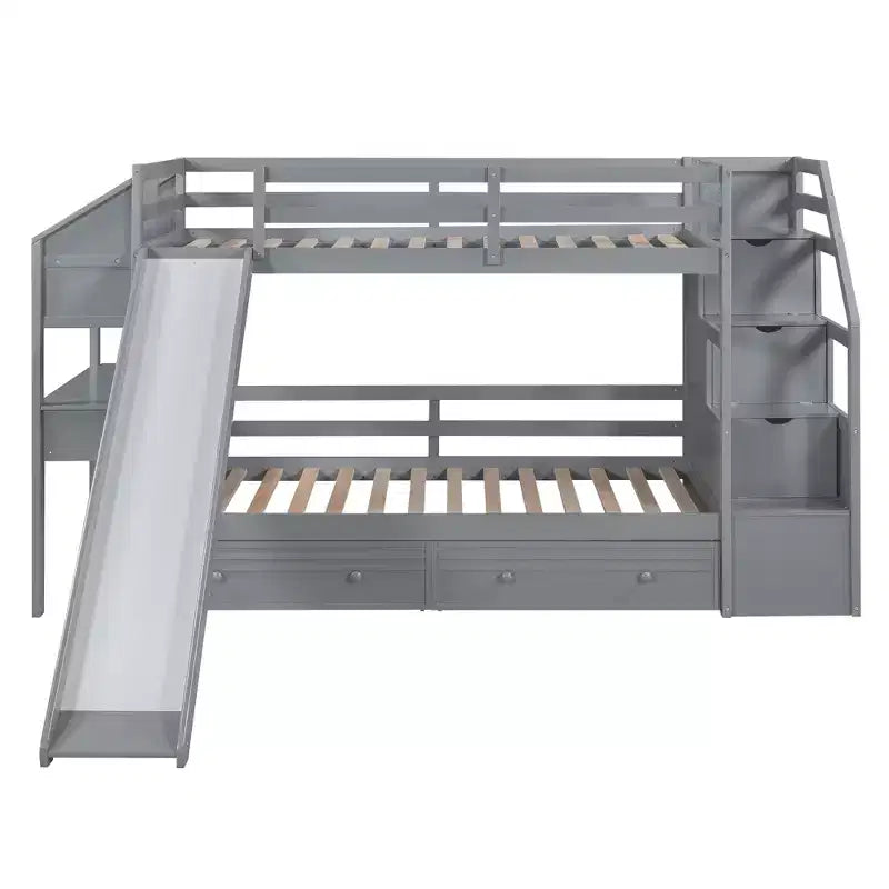 Twin over Twin Bunk Bed with Slide and Desk for Kids, Wood Twin Bunk Bed Frame with Storage Staircase and Drawers & Shelves